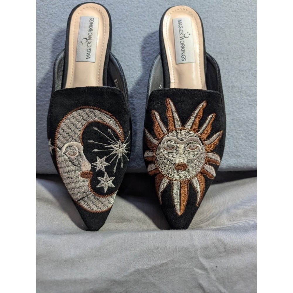 Magick Workings Celestial Sun & Moon Embroidered Mules Black Size 9M